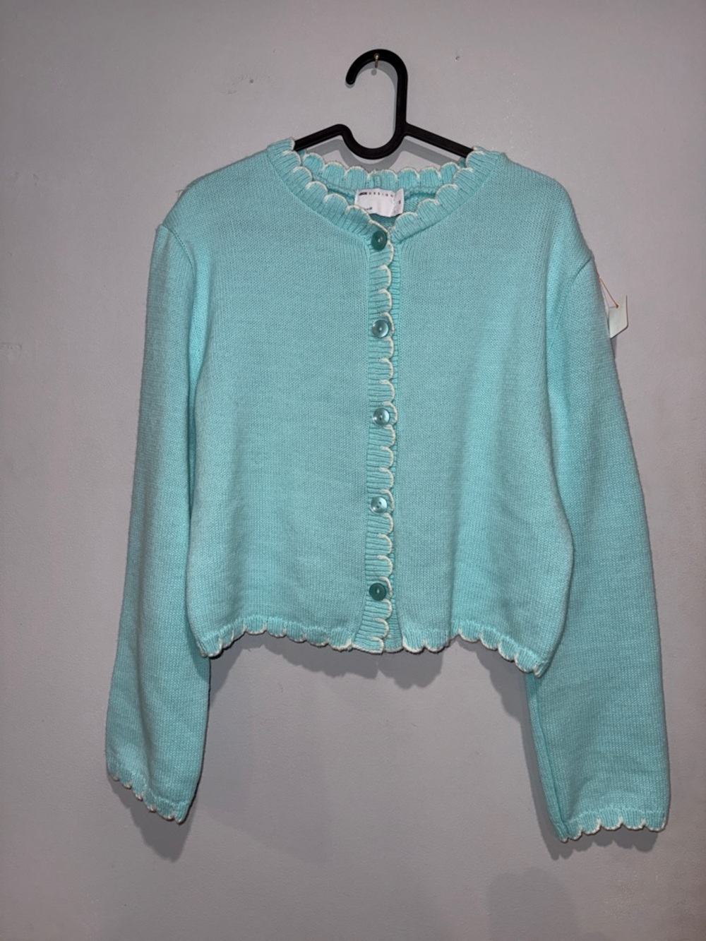 Scallop Edge Cropped Cardigan Sweater - Light Aqua